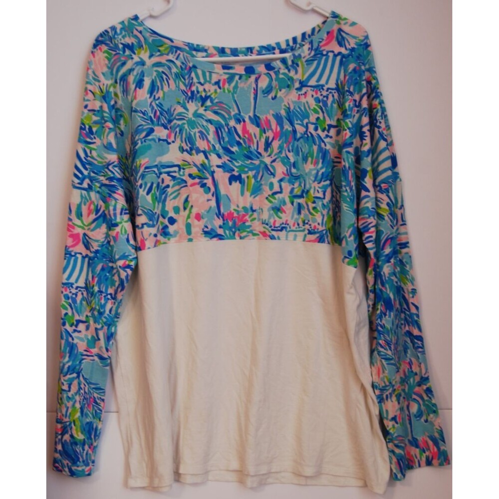 Lilly Pulitzer Pullover Jersey Blue Pink Tropical Print White Bottom Sixe XL